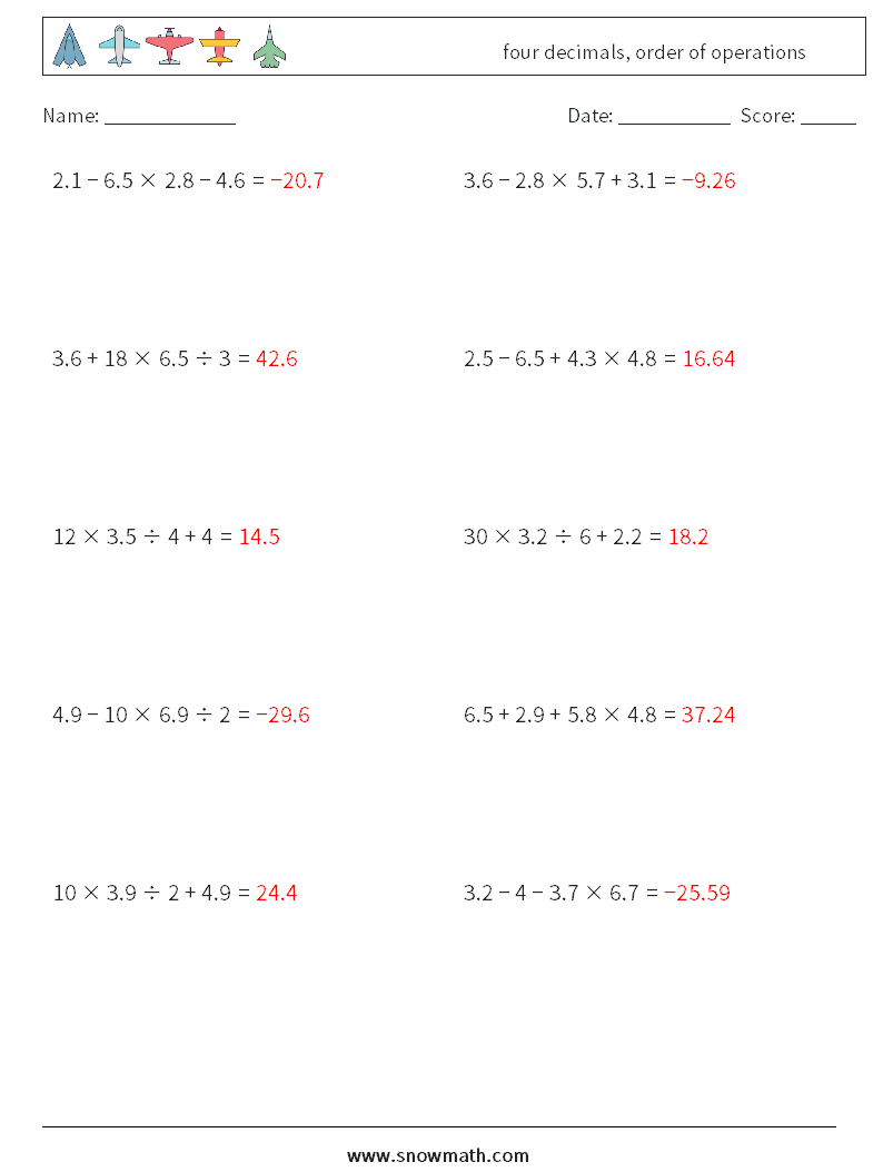 four decimals, order of operations Maths Worksheets 9 Question, Answer