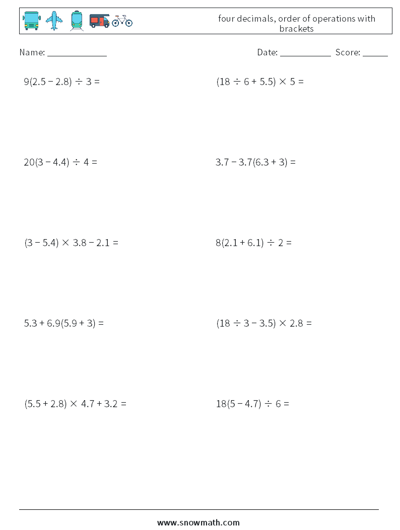 four decimals, order of operations with brackets Maths Worksheets 10