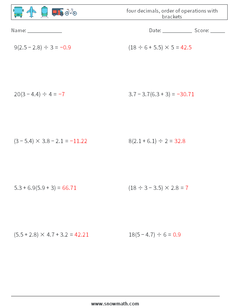 four decimals, order of operations with brackets Maths Worksheets 10 Question, Answer