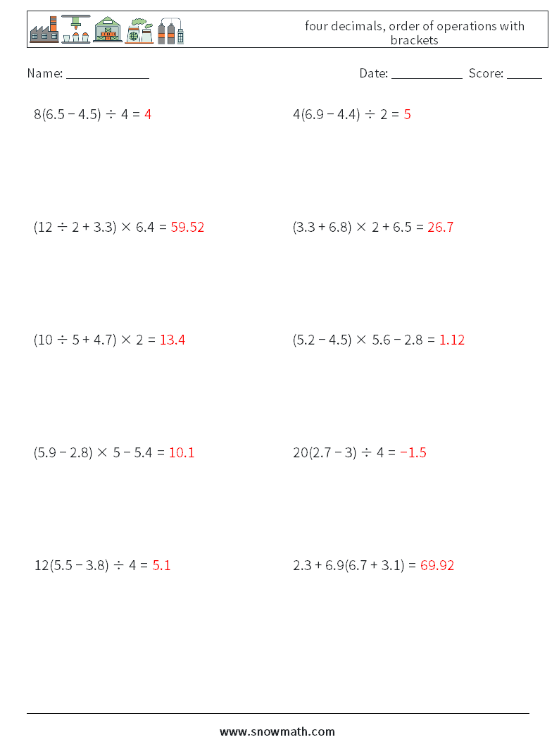 four decimals, order of operations with brackets Maths Worksheets 11 Question, Answer