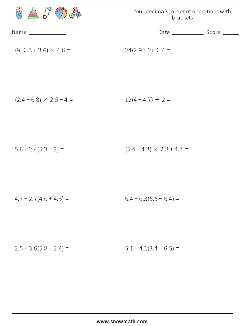 four decimals, order of operations with brackets Maths Worksheets 12