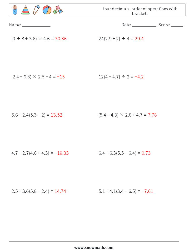 four decimals, order of operations with brackets Maths Worksheets 12 Question, Answer