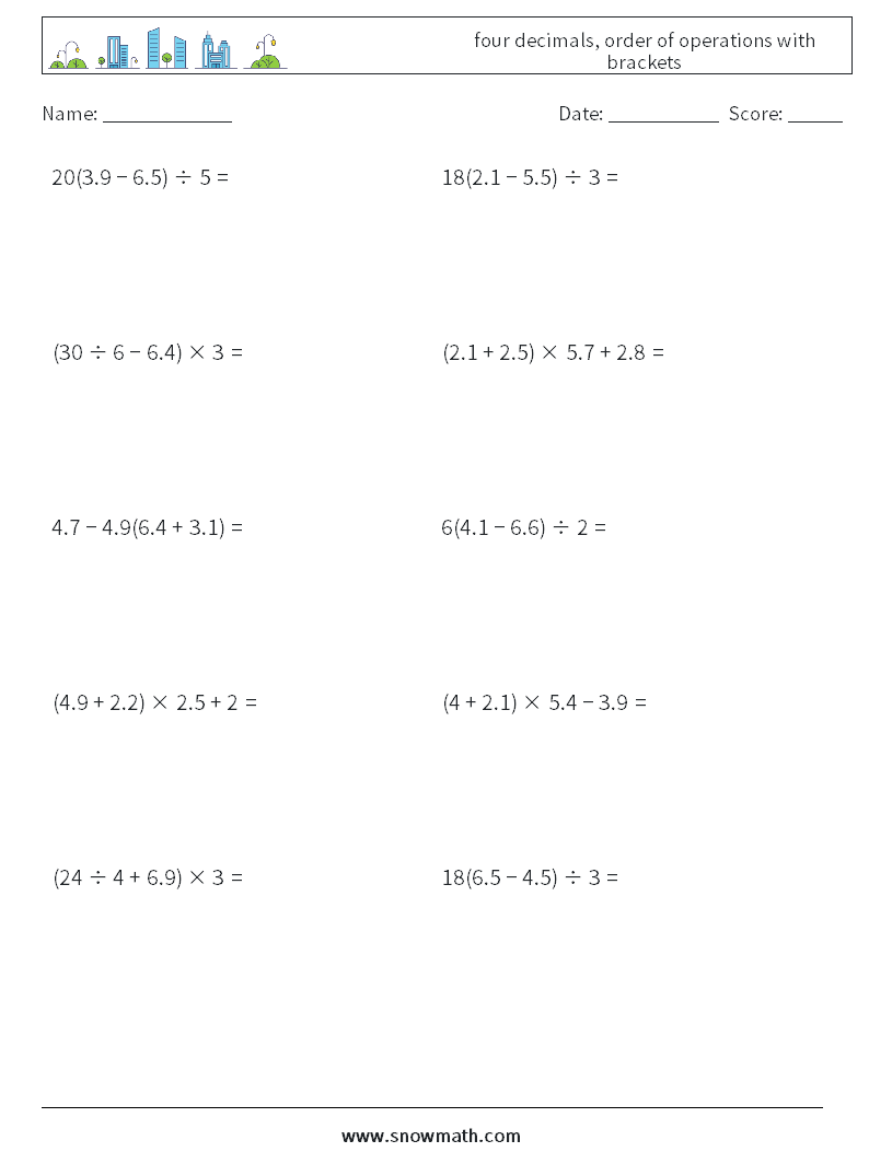 four decimals, order of operations with brackets Maths Worksheets 13