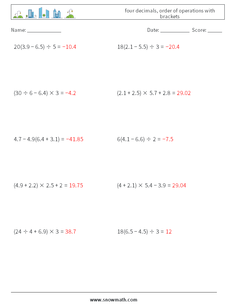 four decimals, order of operations with brackets Maths Worksheets 13 Question, Answer