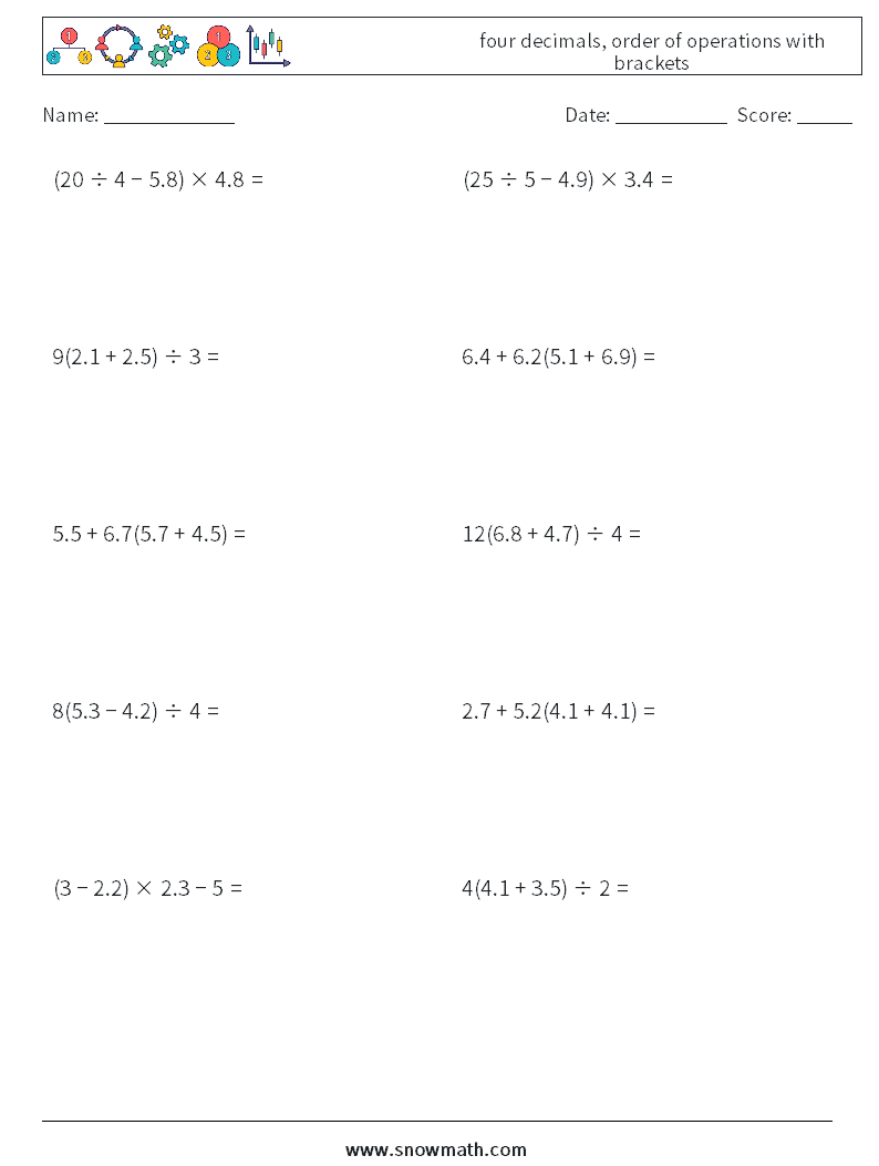 four decimals, order of operations with brackets Maths Worksheets 14