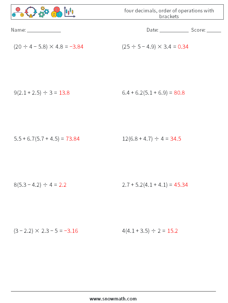 four decimals, order of operations with brackets Maths Worksheets 14 Question, Answer