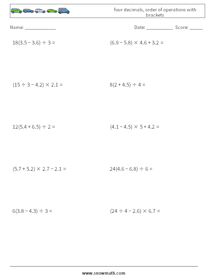 four decimals, order of operations with brackets Maths Worksheets 15