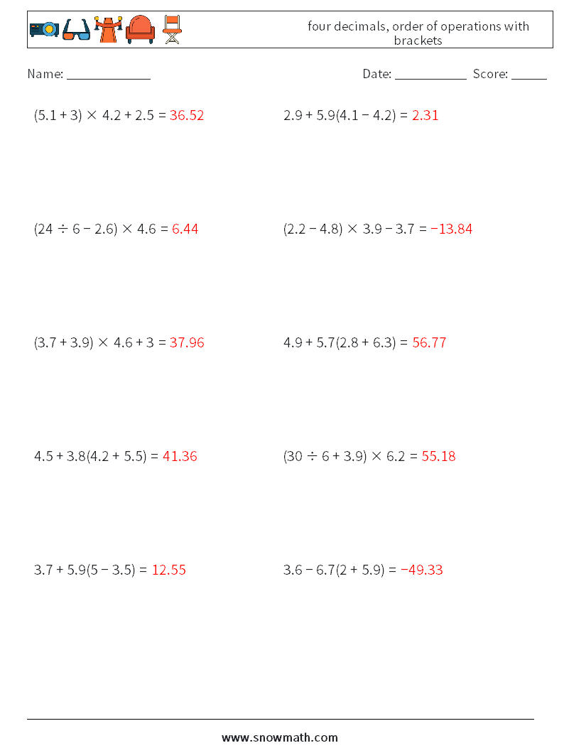 four decimals, order of operations with brackets Maths Worksheets 16 Question, Answer