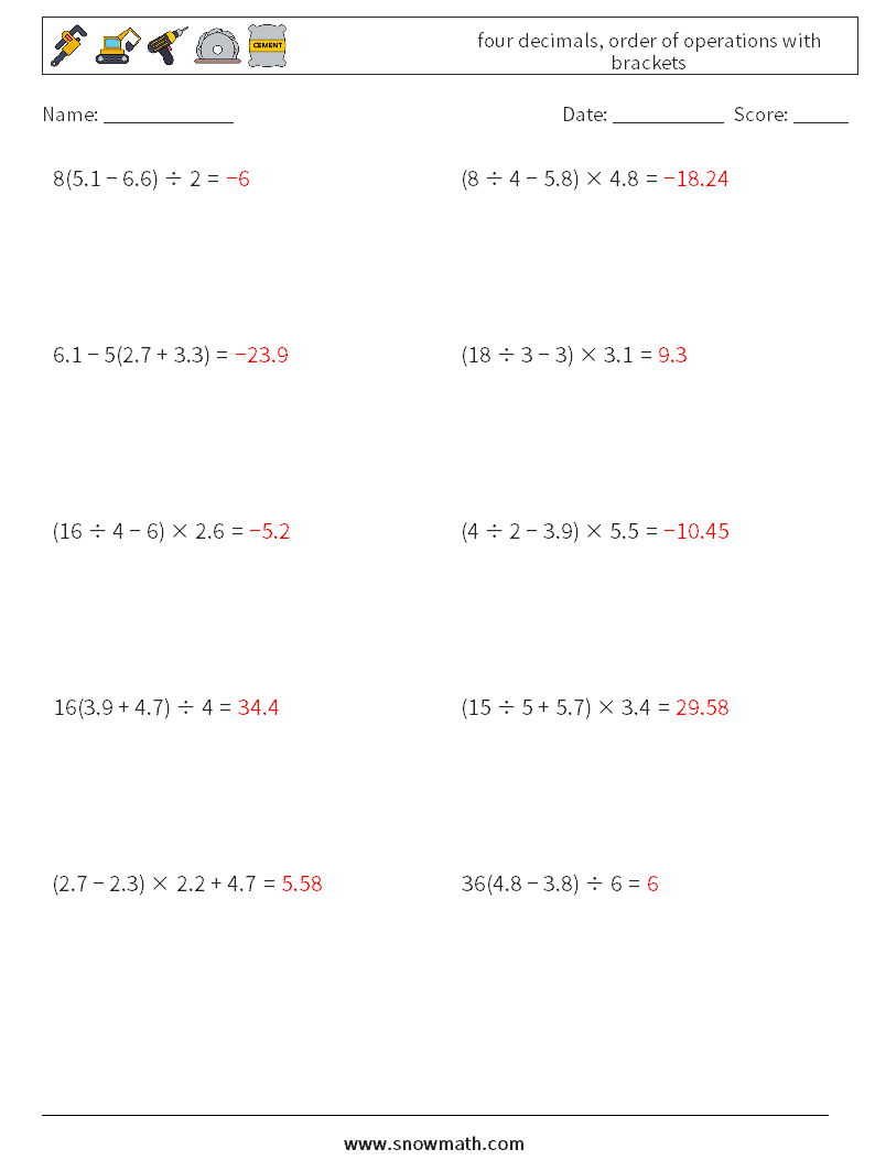 four decimals, order of operations with brackets Maths Worksheets 17 Question, Answer