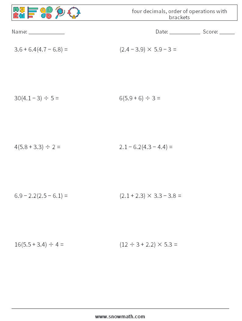 four decimals, order of operations with brackets Maths Worksheets 18