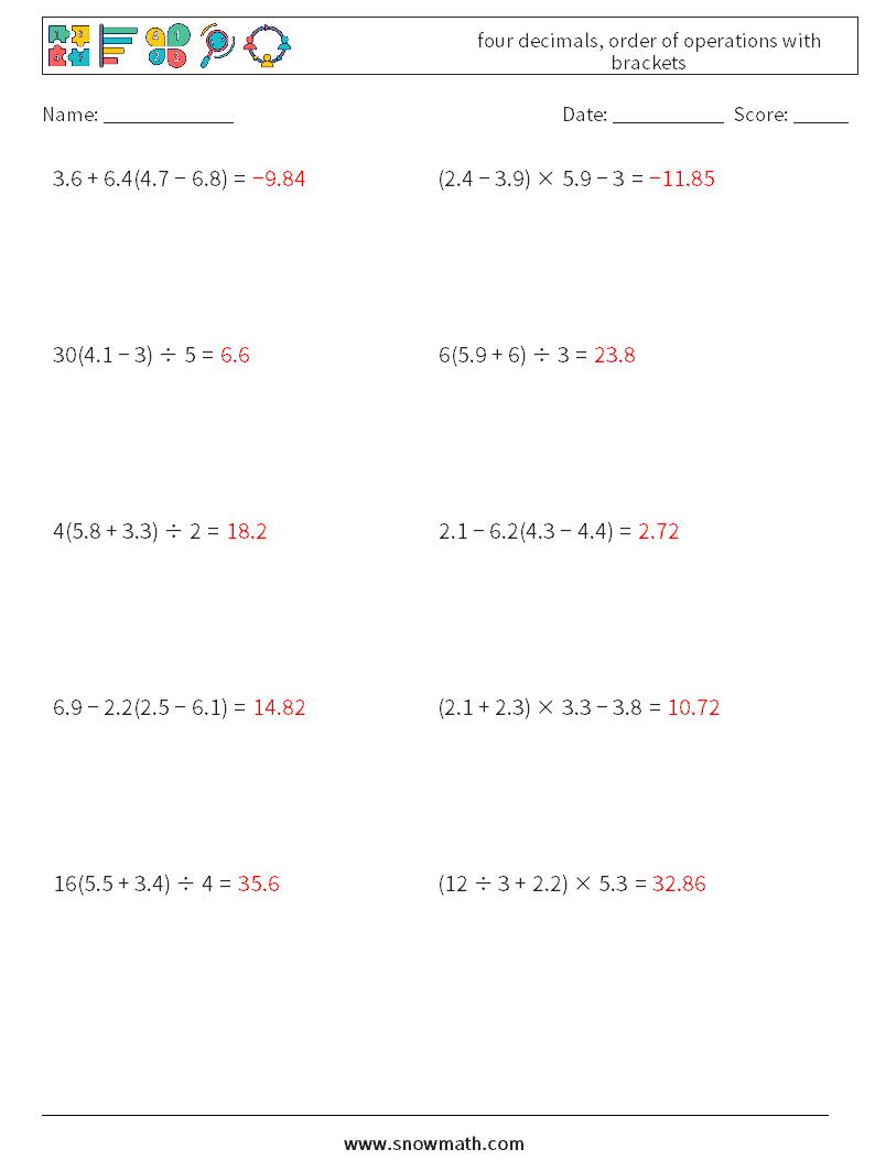 four decimals, order of operations with brackets Maths Worksheets 18 Question, Answer