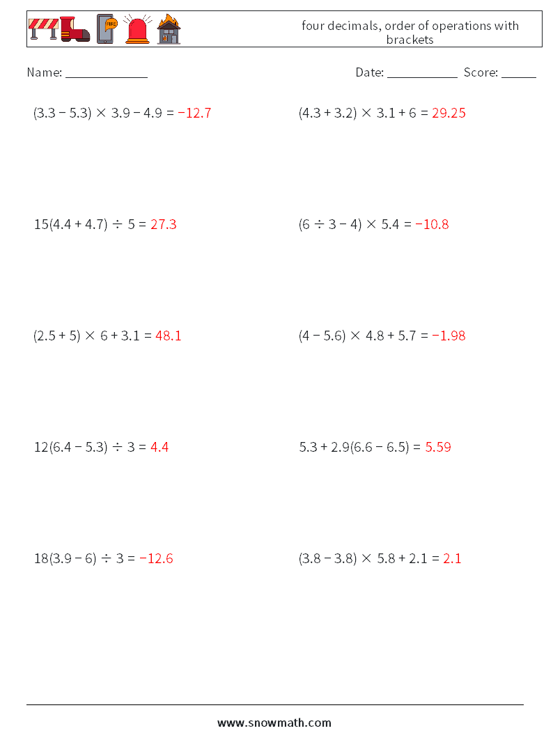 four decimals, order of operations with brackets Maths Worksheets 1 Question, Answer