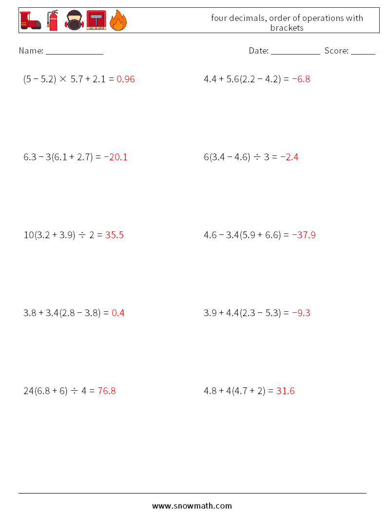 four decimals, order of operations with brackets Maths Worksheets 2 Question, Answer