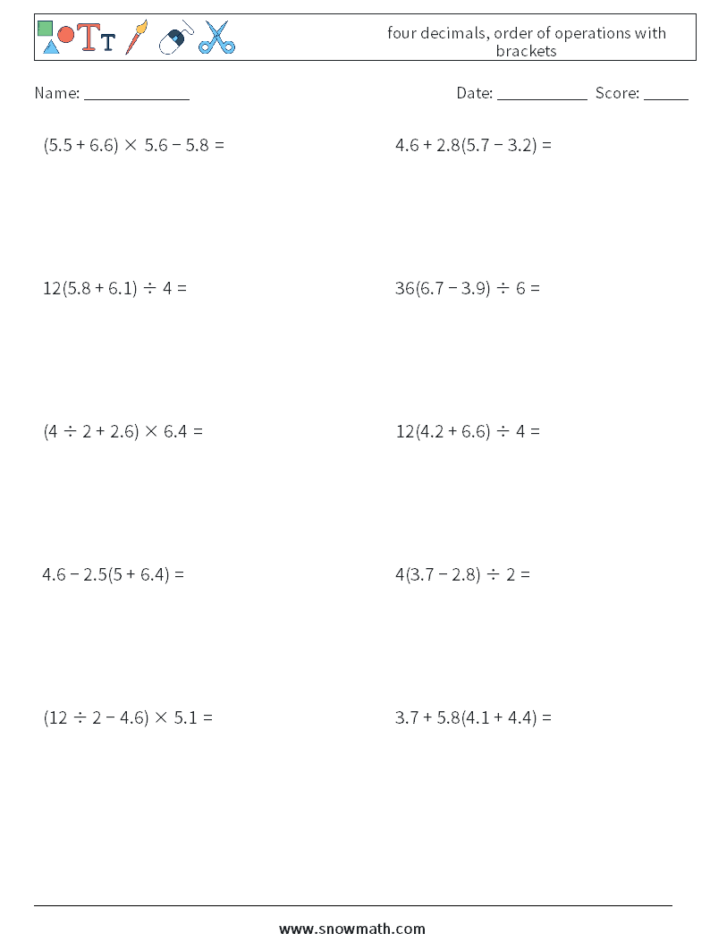 four decimals, order of operations with brackets Maths Worksheets 3