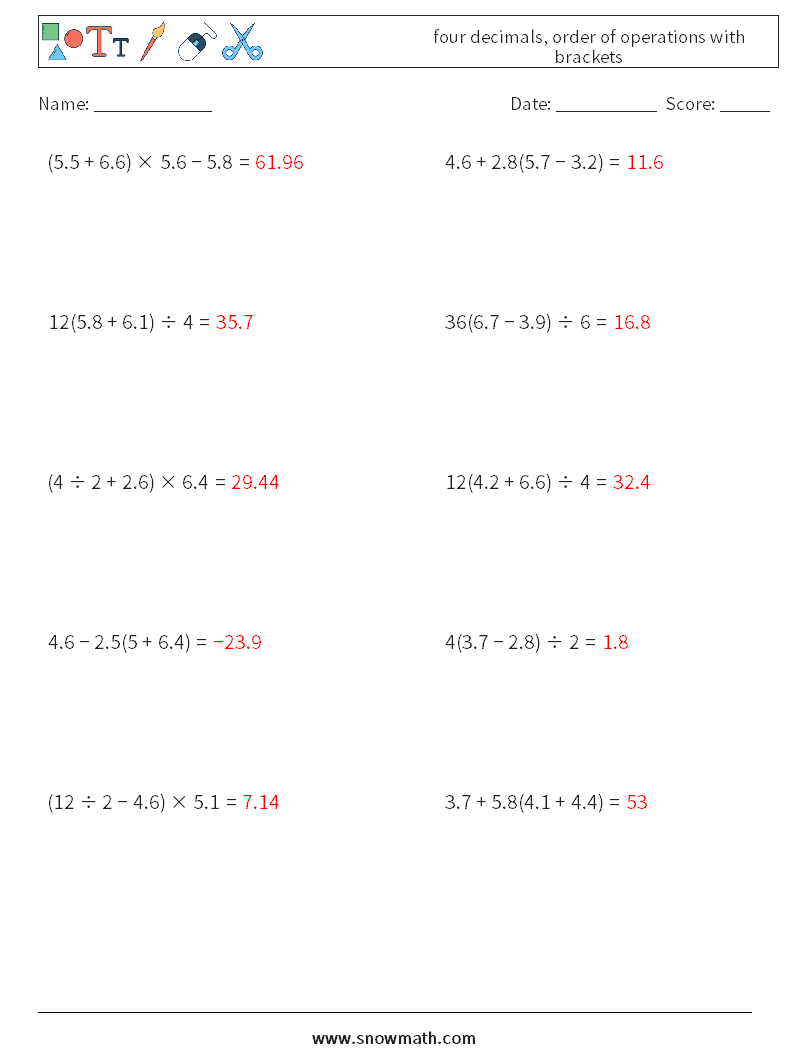 four decimals, order of operations with brackets Maths Worksheets 3 Question, Answer