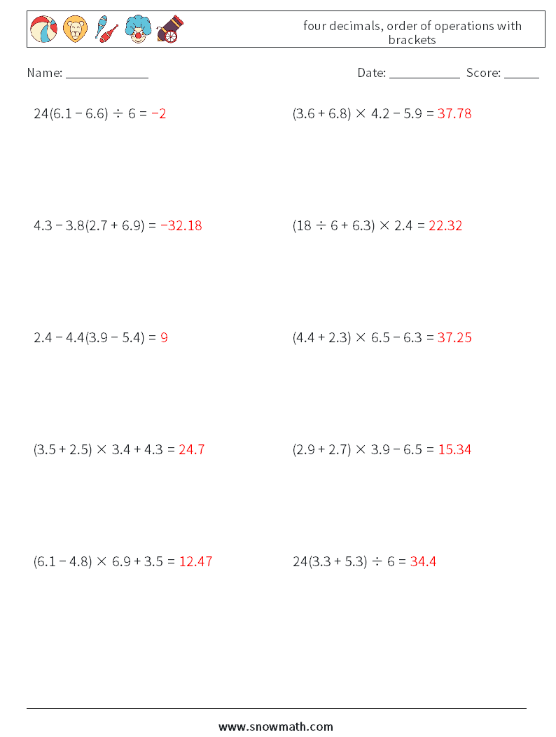 four decimals, order of operations with brackets Maths Worksheets 4 Question, Answer