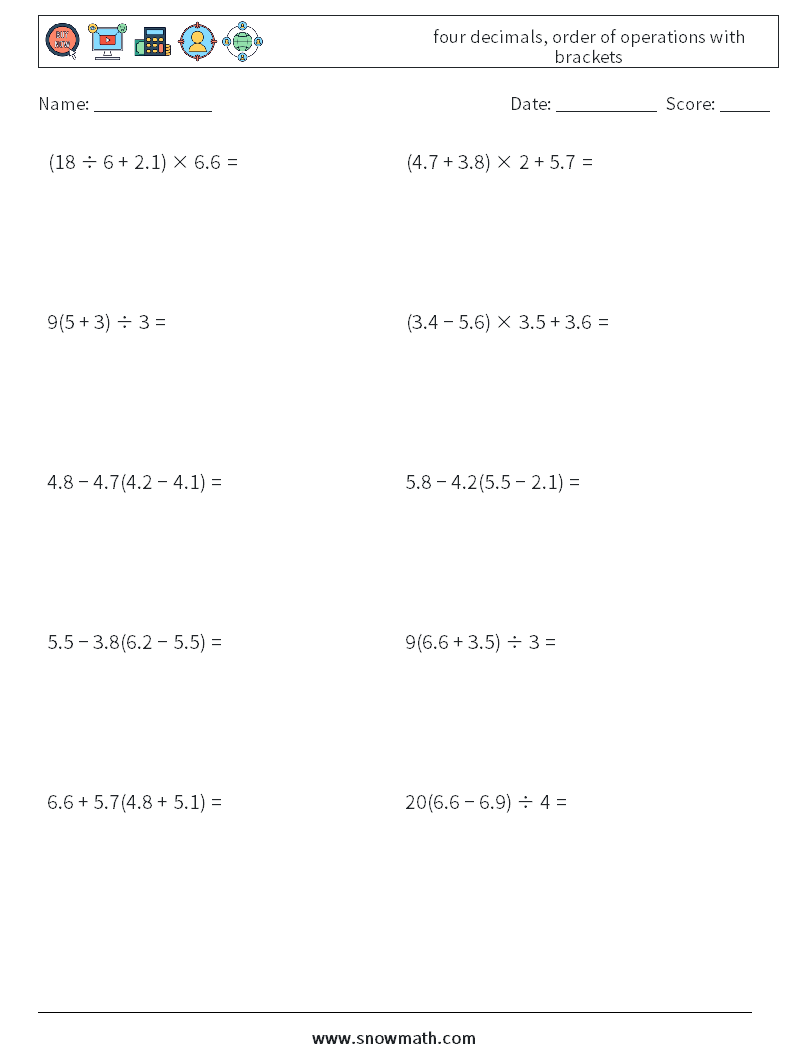 four decimals, order of operations with brackets Maths Worksheets 5