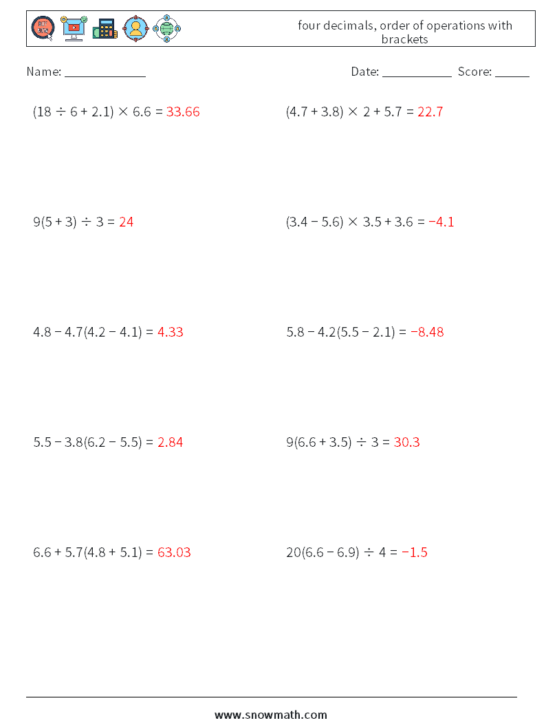 four decimals, order of operations with brackets Maths Worksheets 5 Question, Answer