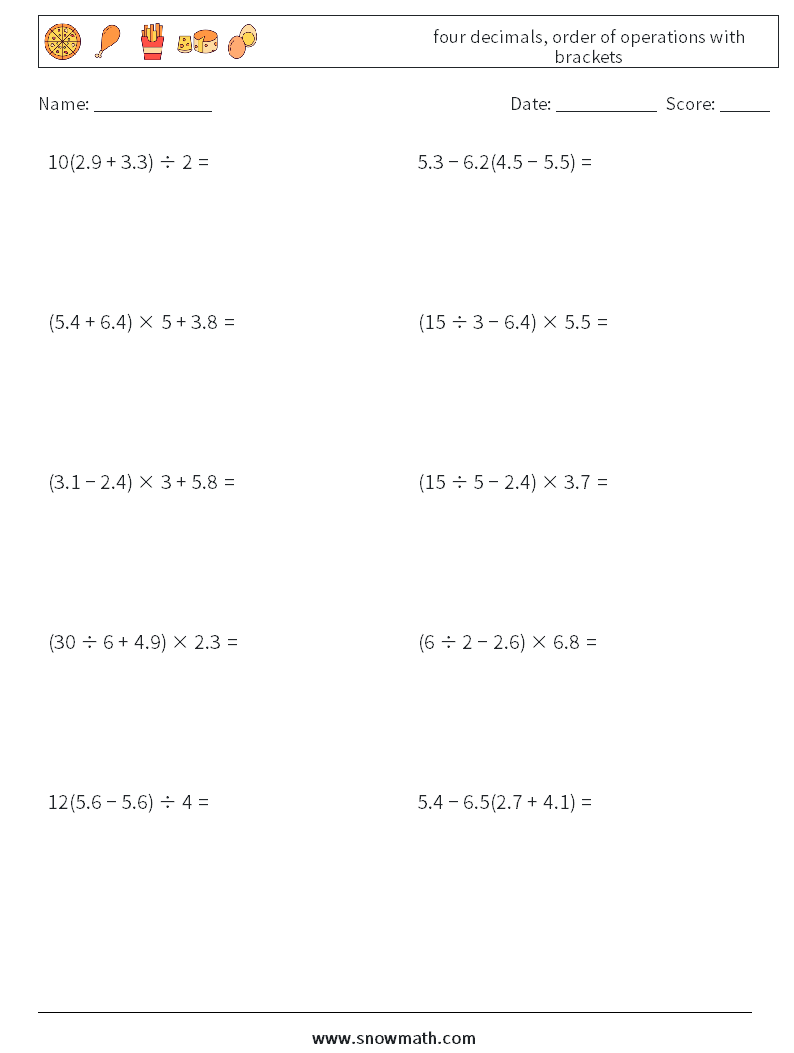 four decimals, order of operations with brackets Maths Worksheets 6