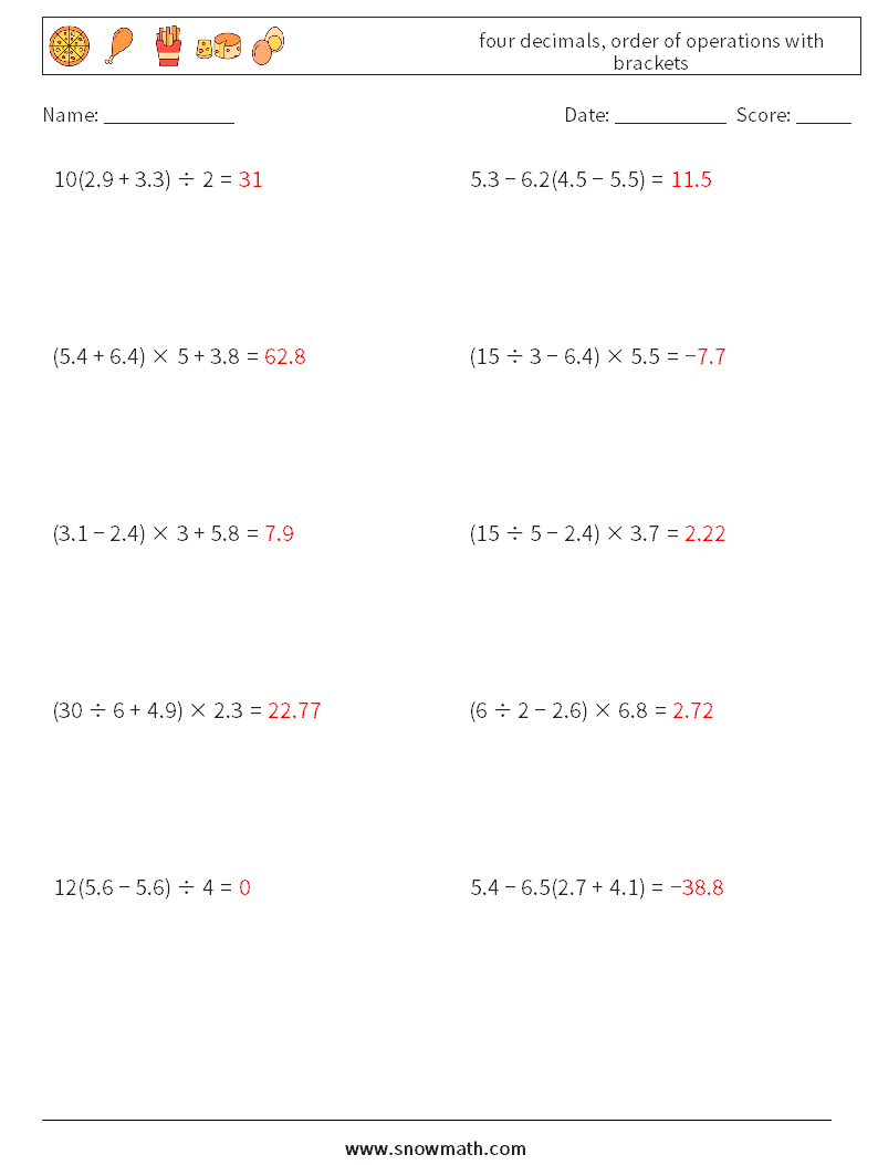 four decimals, order of operations with brackets Maths Worksheets 6 Question, Answer