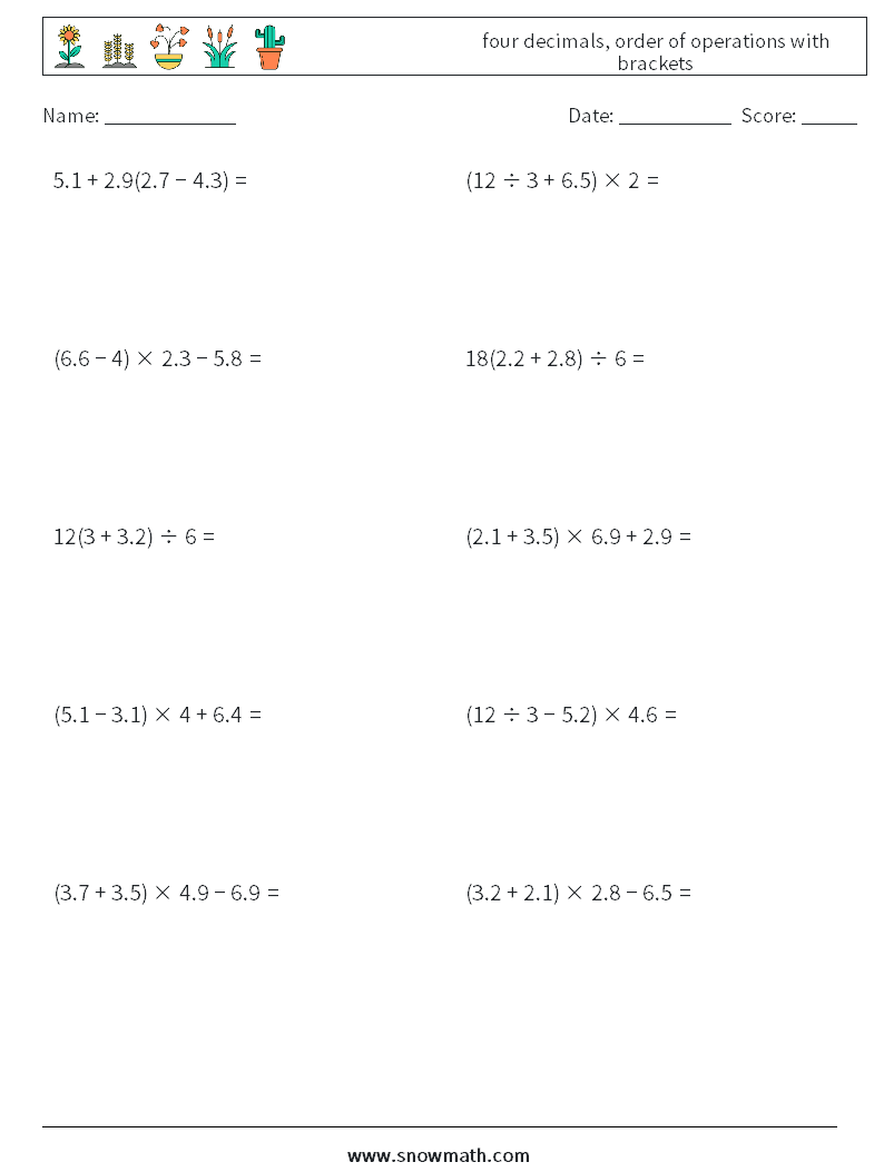 four decimals, order of operations with brackets Maths Worksheets 7