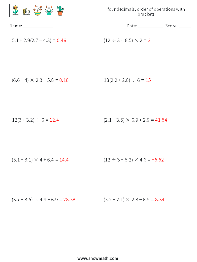 four decimals, order of operations with brackets Maths Worksheets 7 Question, Answer