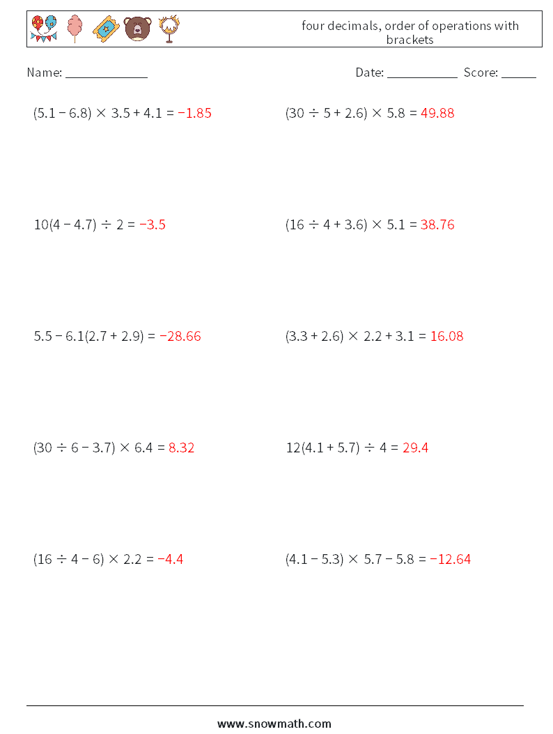 four decimals, order of operations with brackets Maths Worksheets 8 Question, Answer