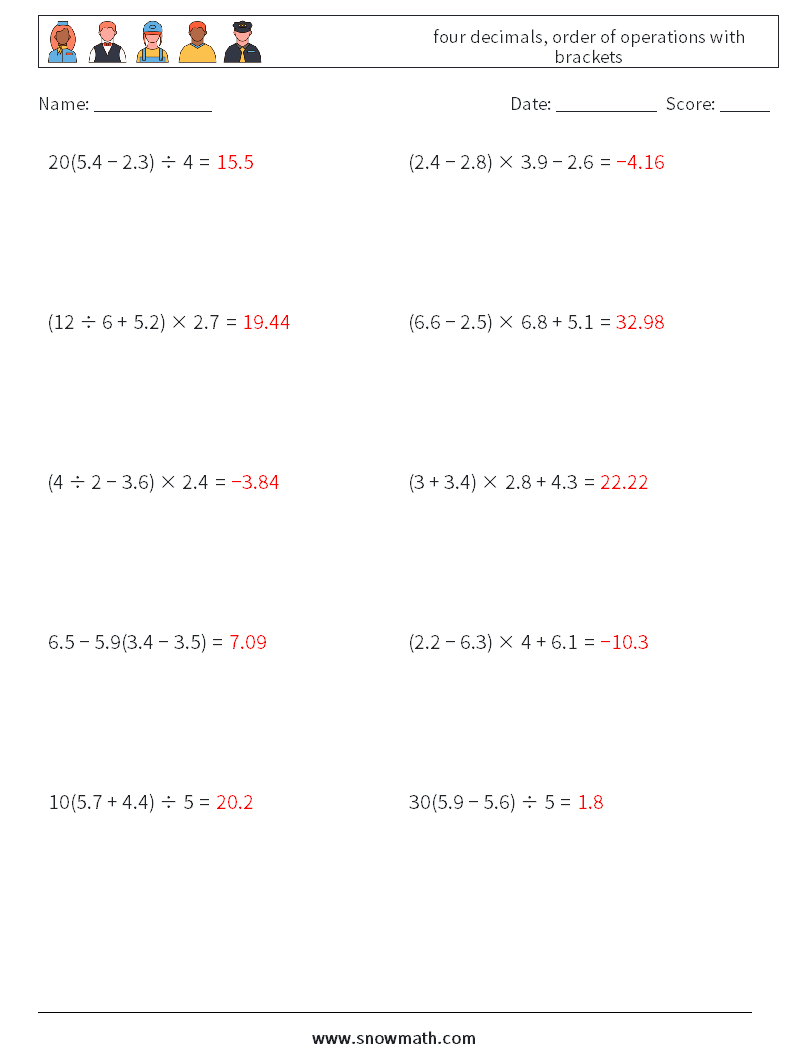 four decimals, order of operations with brackets Maths Worksheets 9 Question, Answer