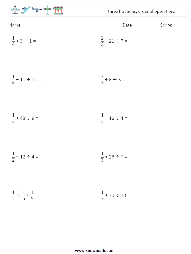 three fractions, order of operations Maths Worksheets 1