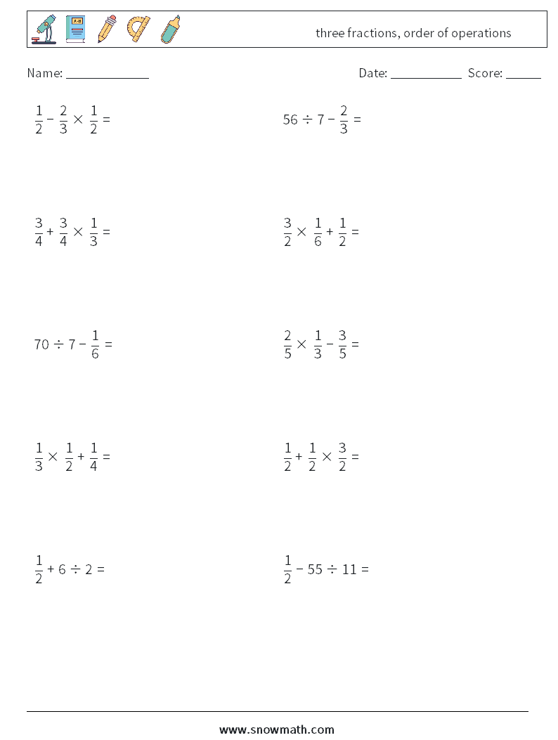 three fractions, order of operations Maths Worksheets 10