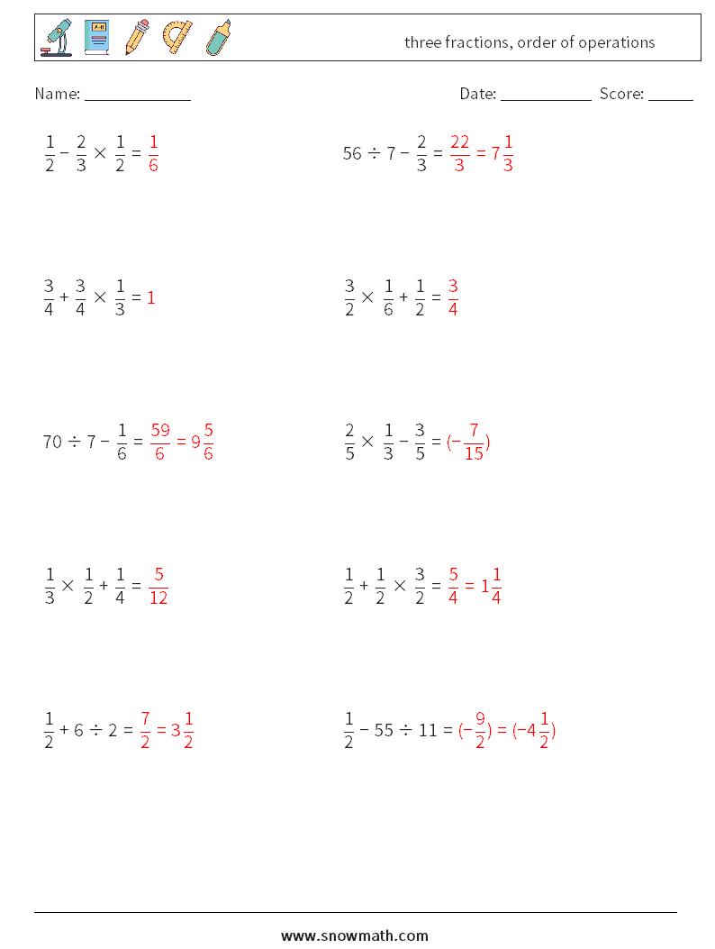 three fractions, order of operations Maths Worksheets 10 Question, Answer