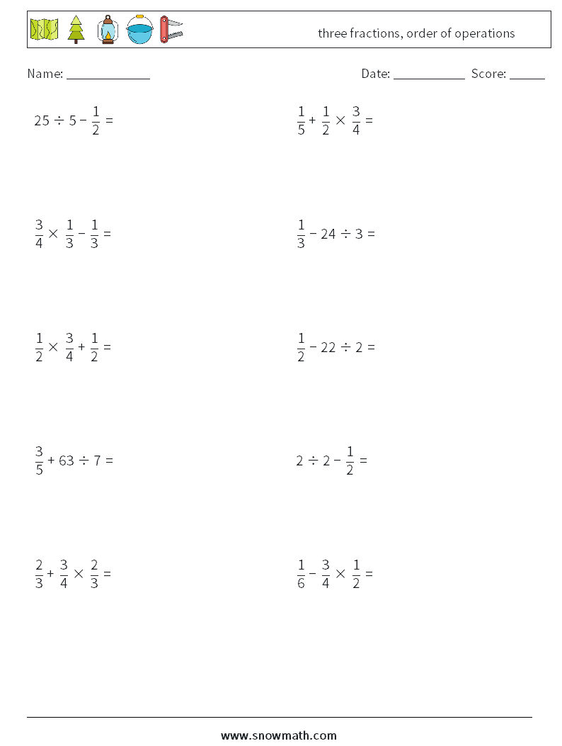 three fractions, order of operations Maths Worksheets 11