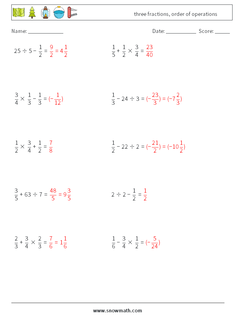 three fractions, order of operations Maths Worksheets 11 Question, Answer