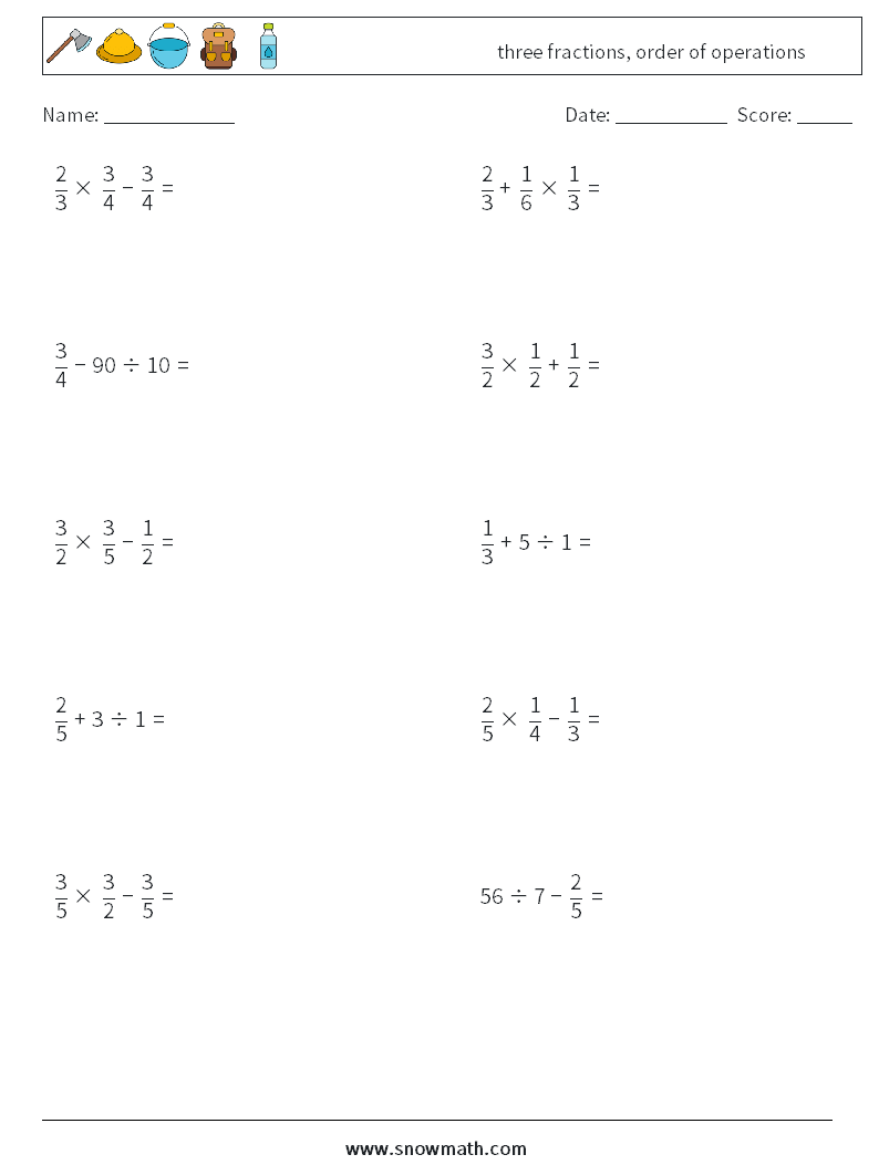 three fractions, order of operations Maths Worksheets 12