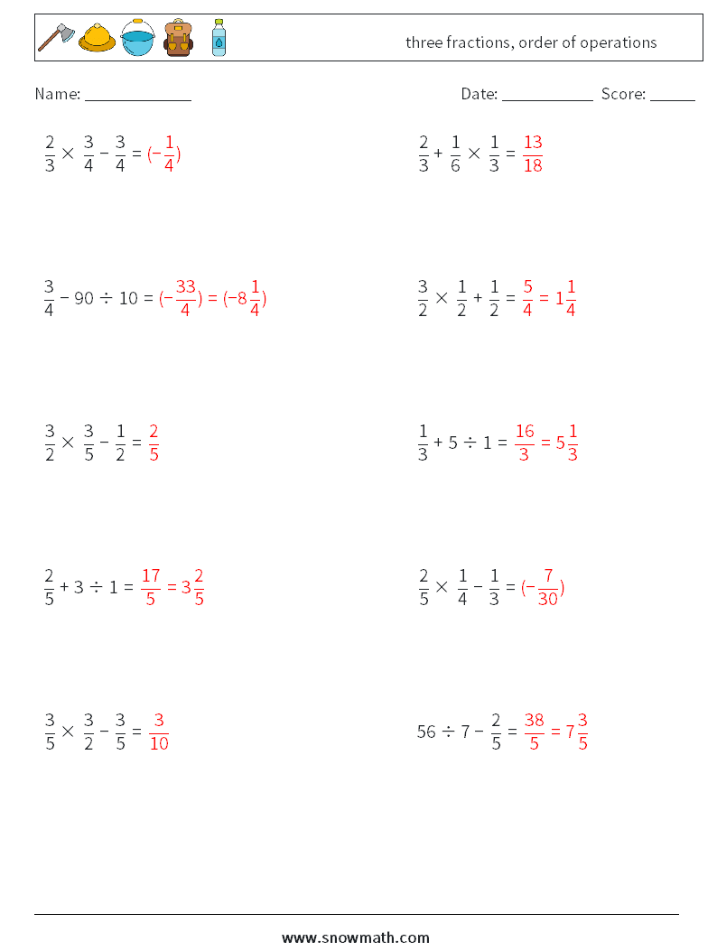 three fractions, order of operations Maths Worksheets 12 Question, Answer