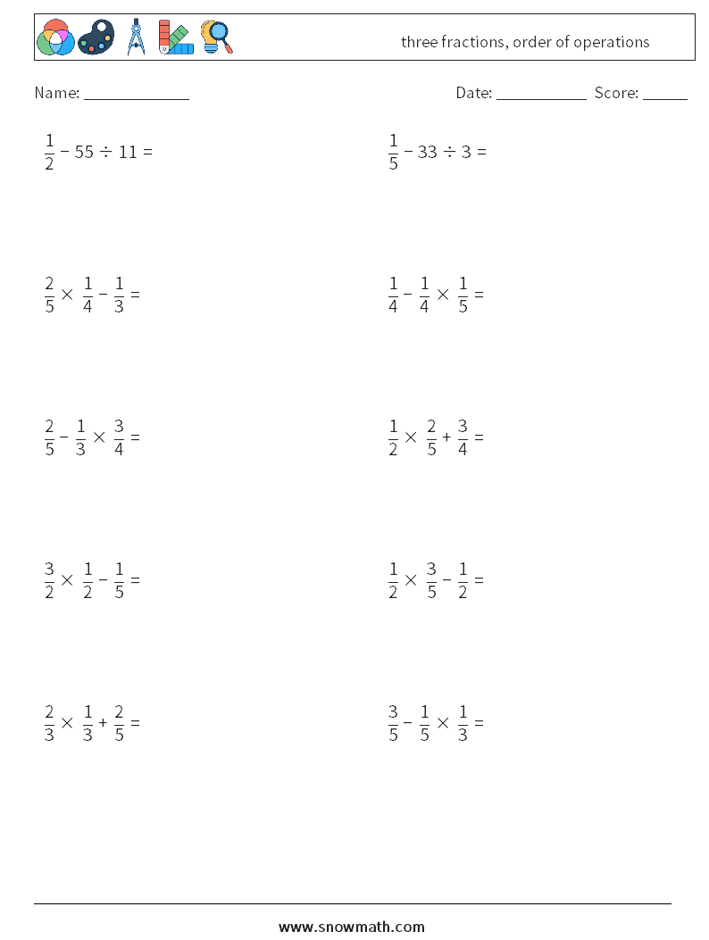 three fractions, order of operations Maths Worksheets 13
