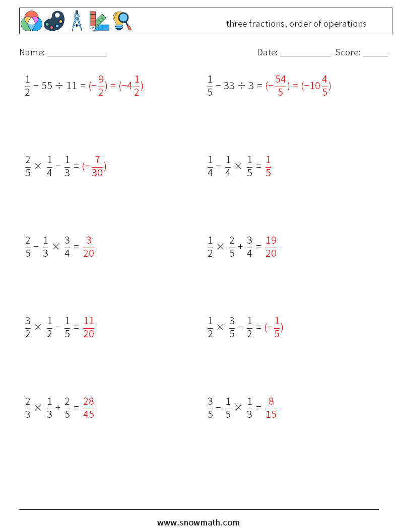 three fractions, order of operations Maths Worksheets 13 Question, Answer