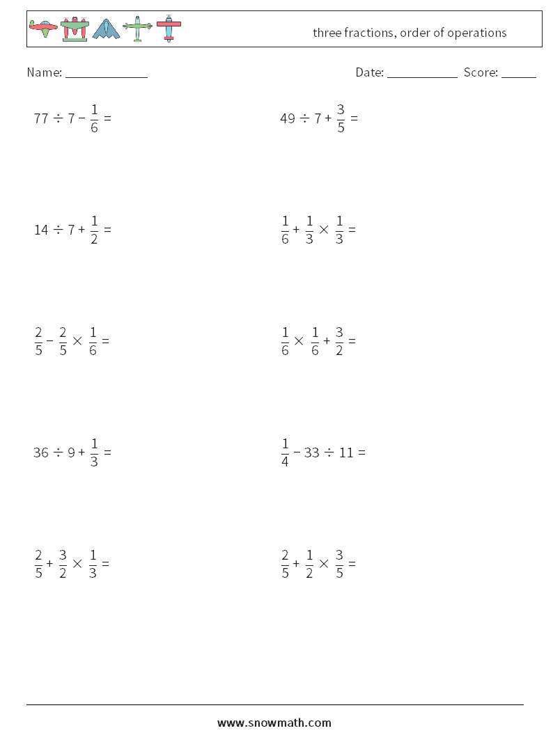 three fractions, order of operations Maths Worksheets 15