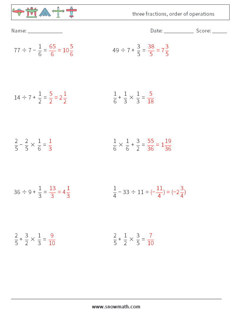 three fractions, order of operations Maths Worksheets 15 Question, Answer