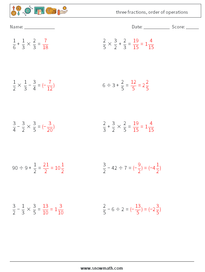 three fractions, order of operations Maths Worksheets 16 Question, Answer