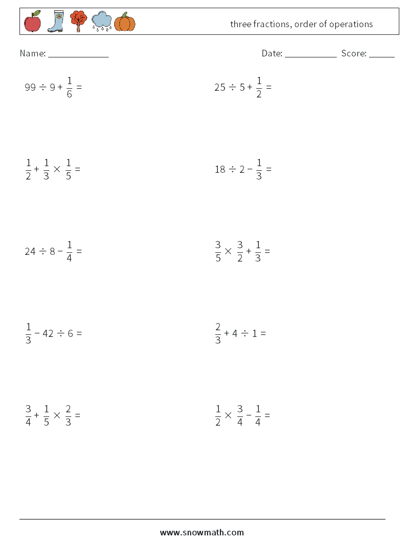 three fractions, order of operations Maths Worksheets 17