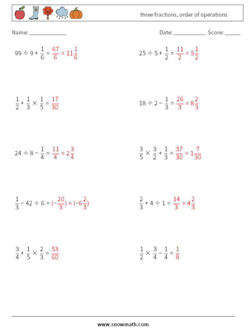 three fractions, order of operations Maths Worksheets 17 Question, Answer