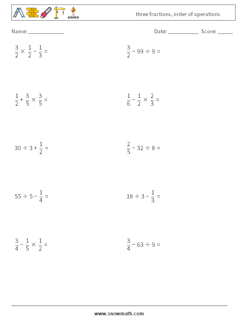 three fractions, order of operations Maths Worksheets 18