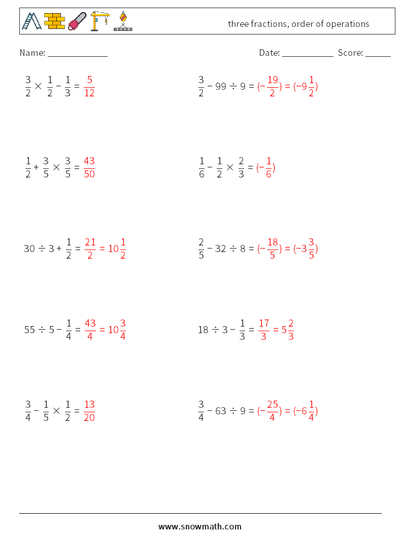 three fractions, order of operations Maths Worksheets 18 Question, Answer