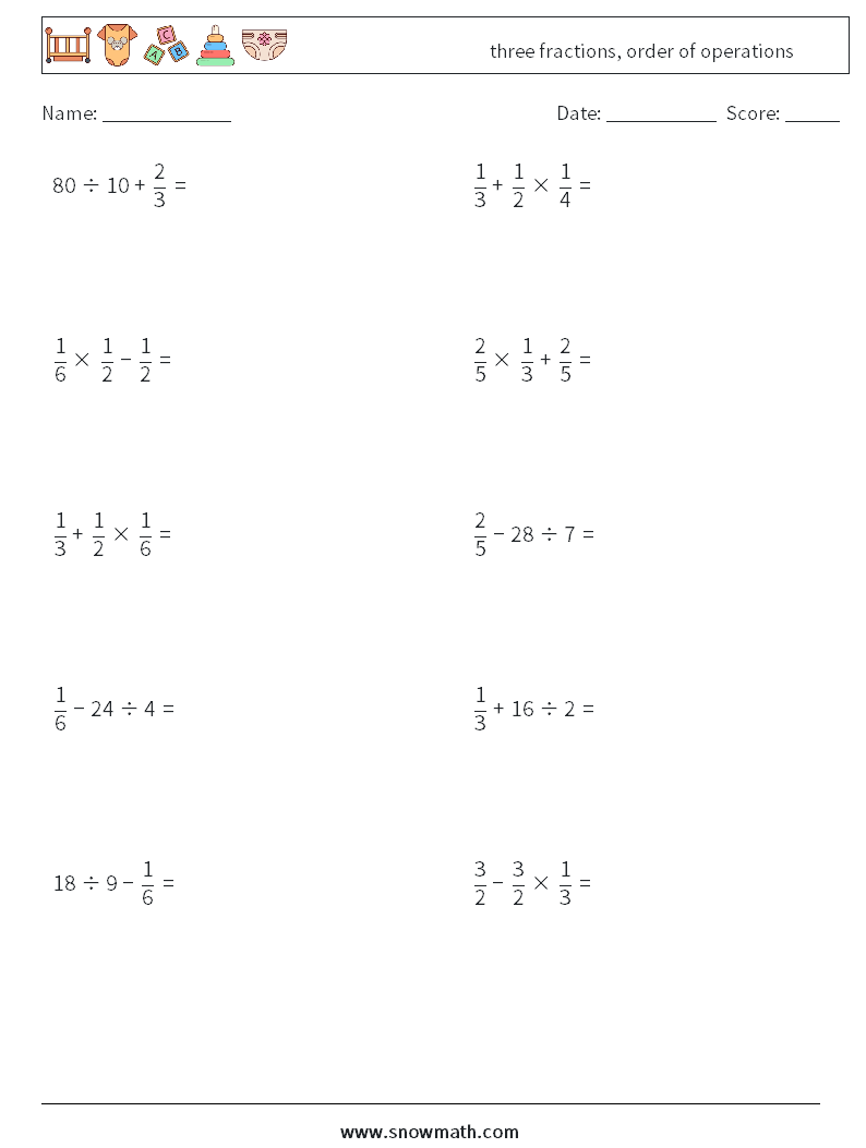 three fractions, order of operations Maths Worksheets 3