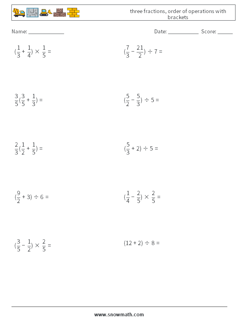 three fractions, order of operations with brackets Maths Worksheets 1