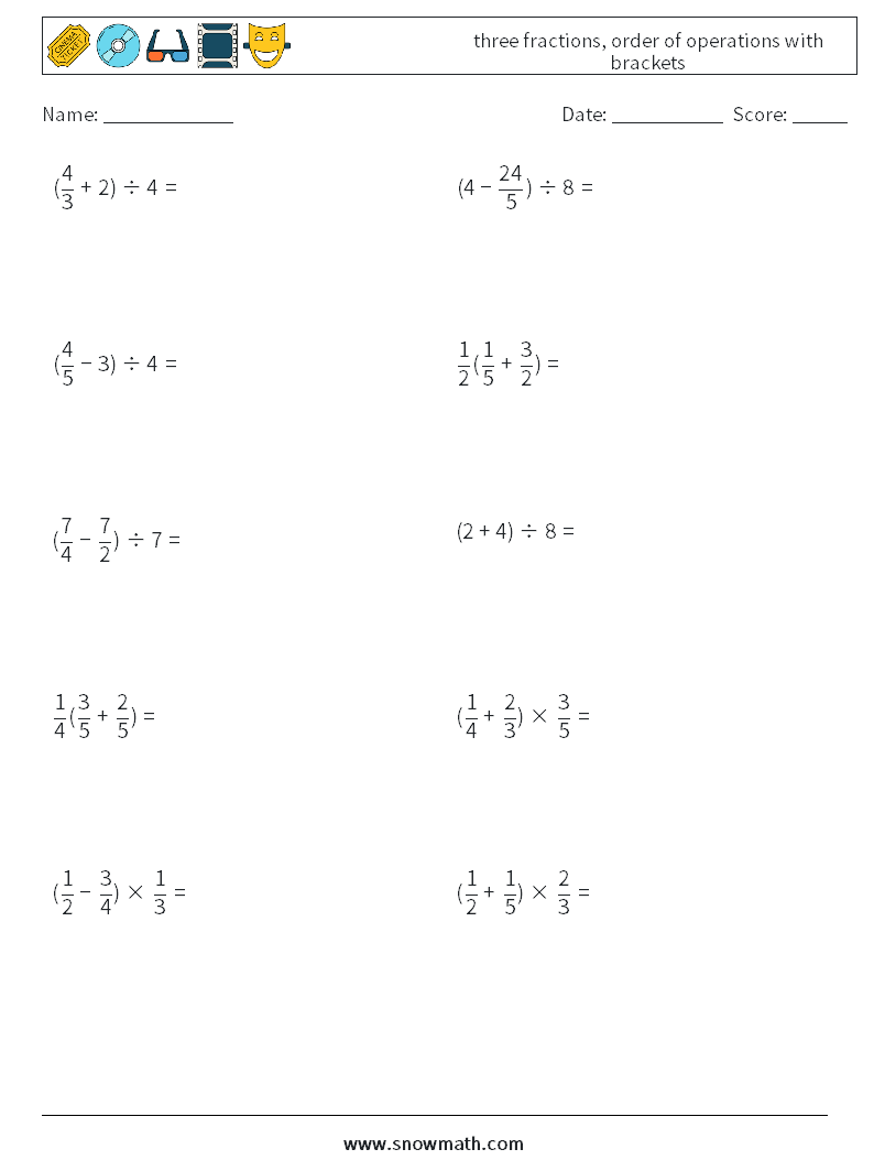 three fractions, order of operations with brackets Maths Worksheets 13