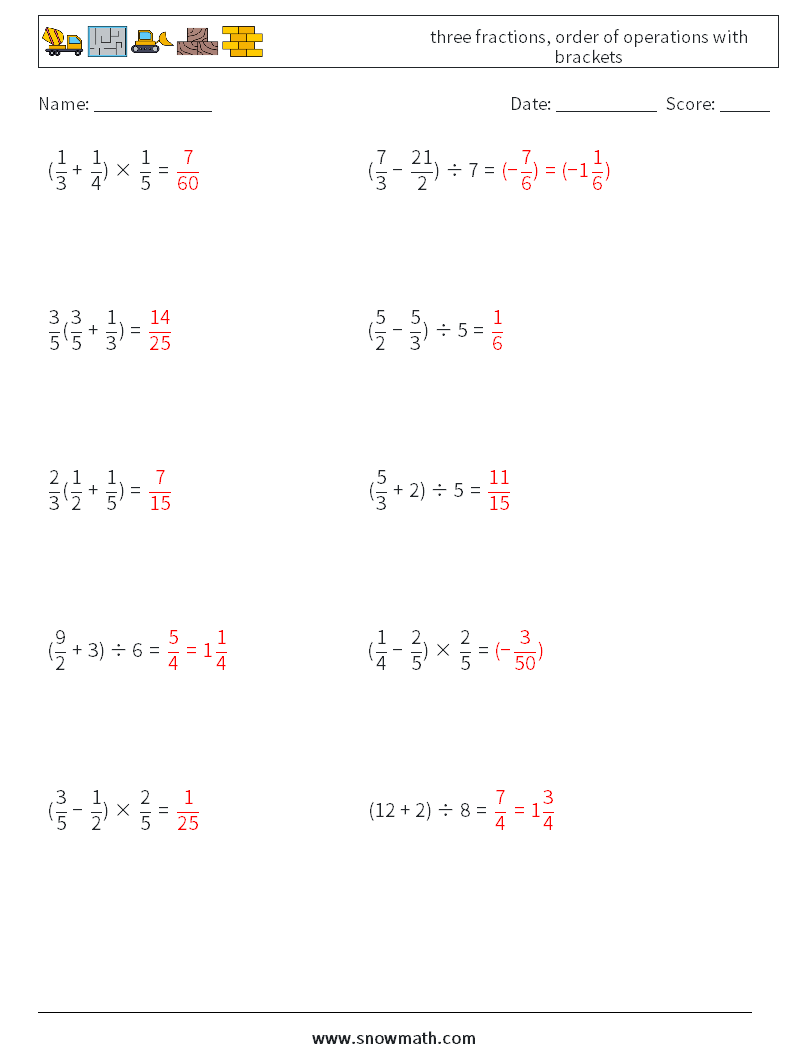 three fractions, order of operations with brackets Maths Worksheets 1 Question, Answer