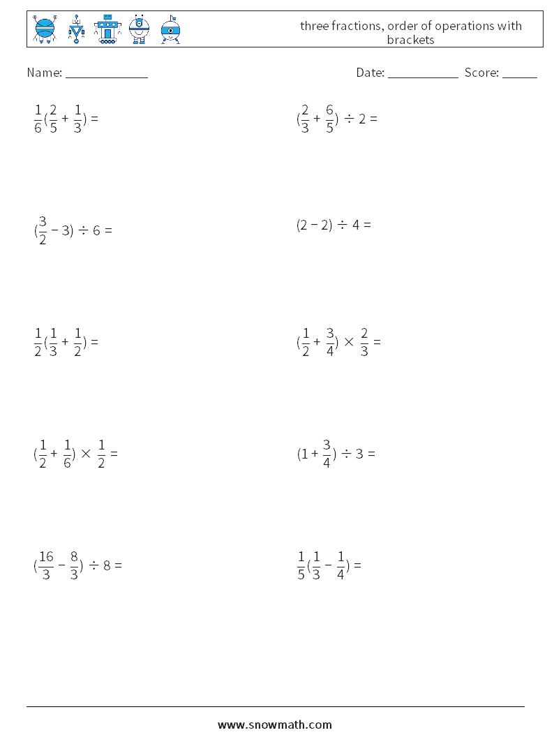 three fractions, order of operations with brackets Maths Worksheets 2