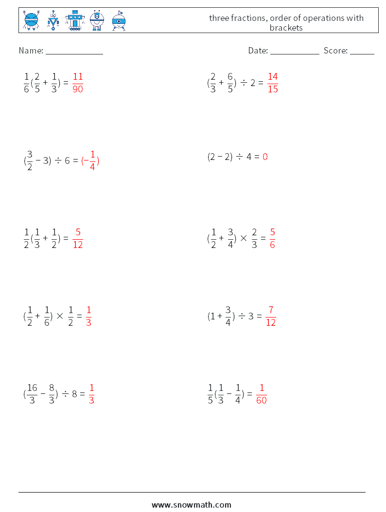 three fractions, order of operations with brackets Maths Worksheets 2 Question, Answer